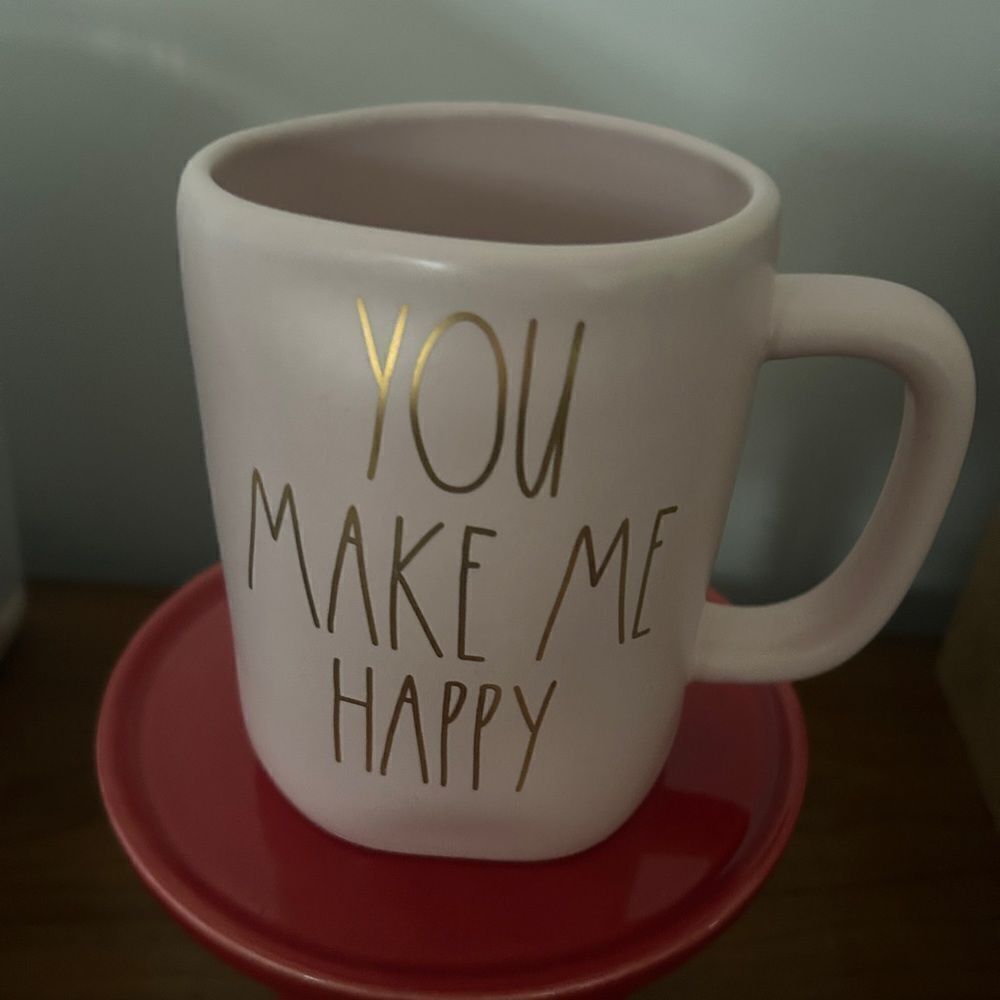 Rae Dunn YOU MAKE ME HAPPY Mug GOLD writing - PINK - Ceramic - Valentine's Day